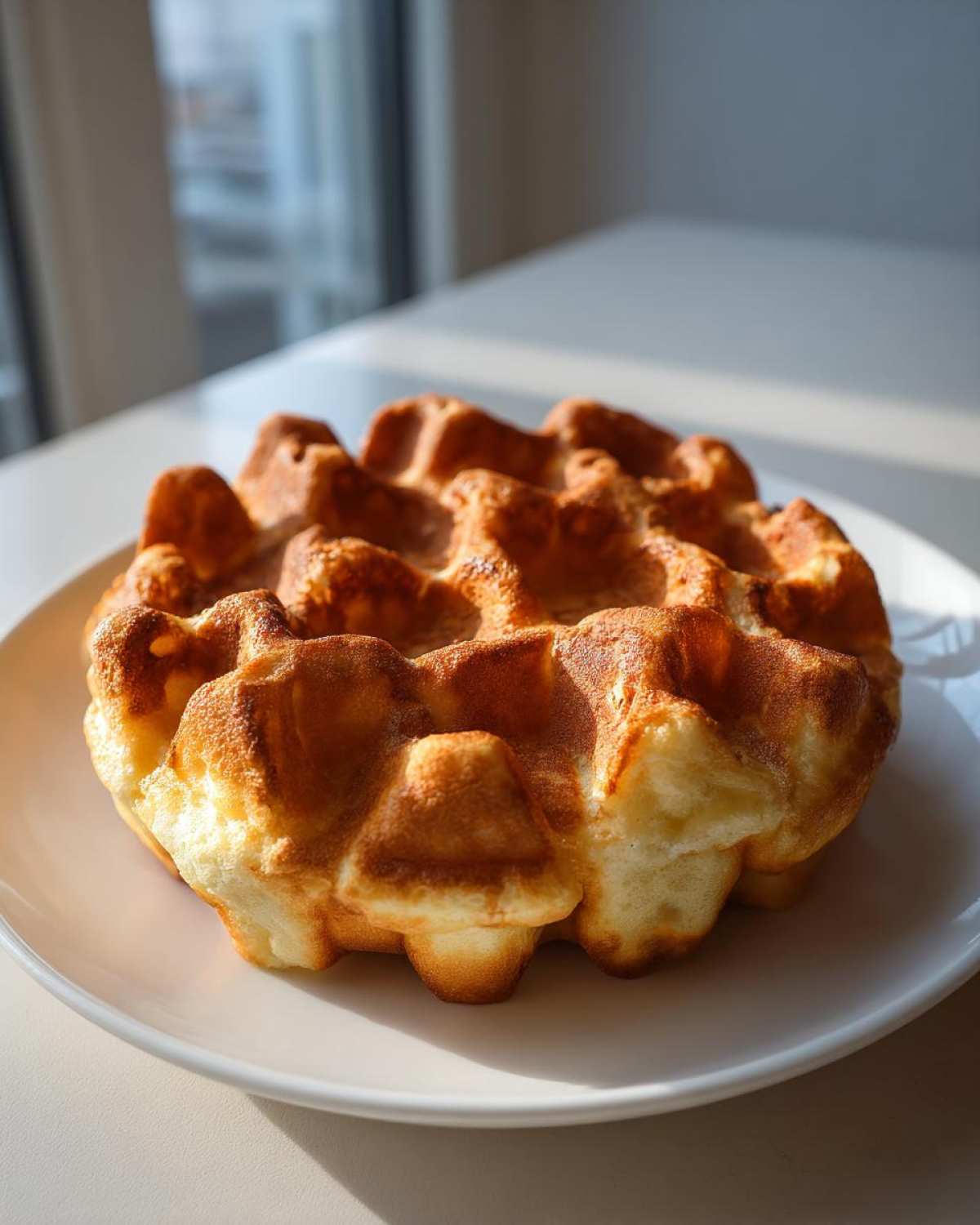 Close-up of a perfectly golden brown, fluffy high protein waffle served on a simple white plate.
