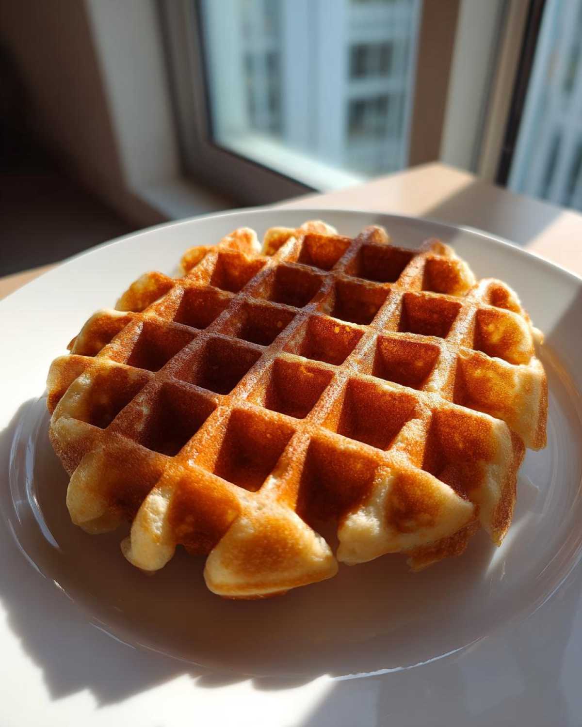 A single, golden brown, perfectly cooked high protein waffle resting on a white plate, illuminated by bright sunlight.