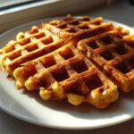 Close-up of a golden brown, freshly made high protein waffles served on a white plate, illuminated by sunlight.