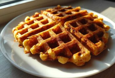 Close-up of a golden brown, freshly made high protein waffles served on a white plate, illuminated by sunlight.