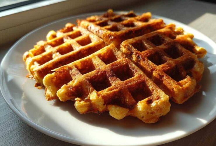 Close-up of a golden brown, freshly made high protein waffles served on a white plate, illuminated by sunlight.