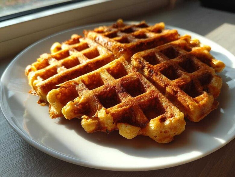 Close-up of a golden brown, freshly made high protein waffles served on a white plate, illuminated by sunlight.