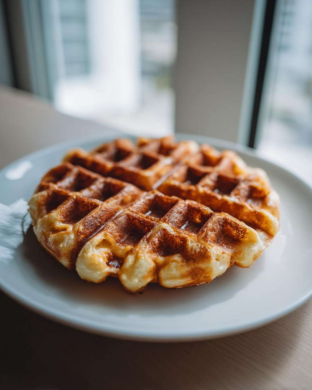 A single, golden brown, freshly cooked high protein waffle served on a light blue plate near a window.