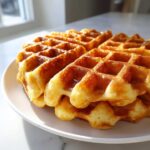 A close-up stack of golden brown, freshly made high protein waffles drizzled with syrup.