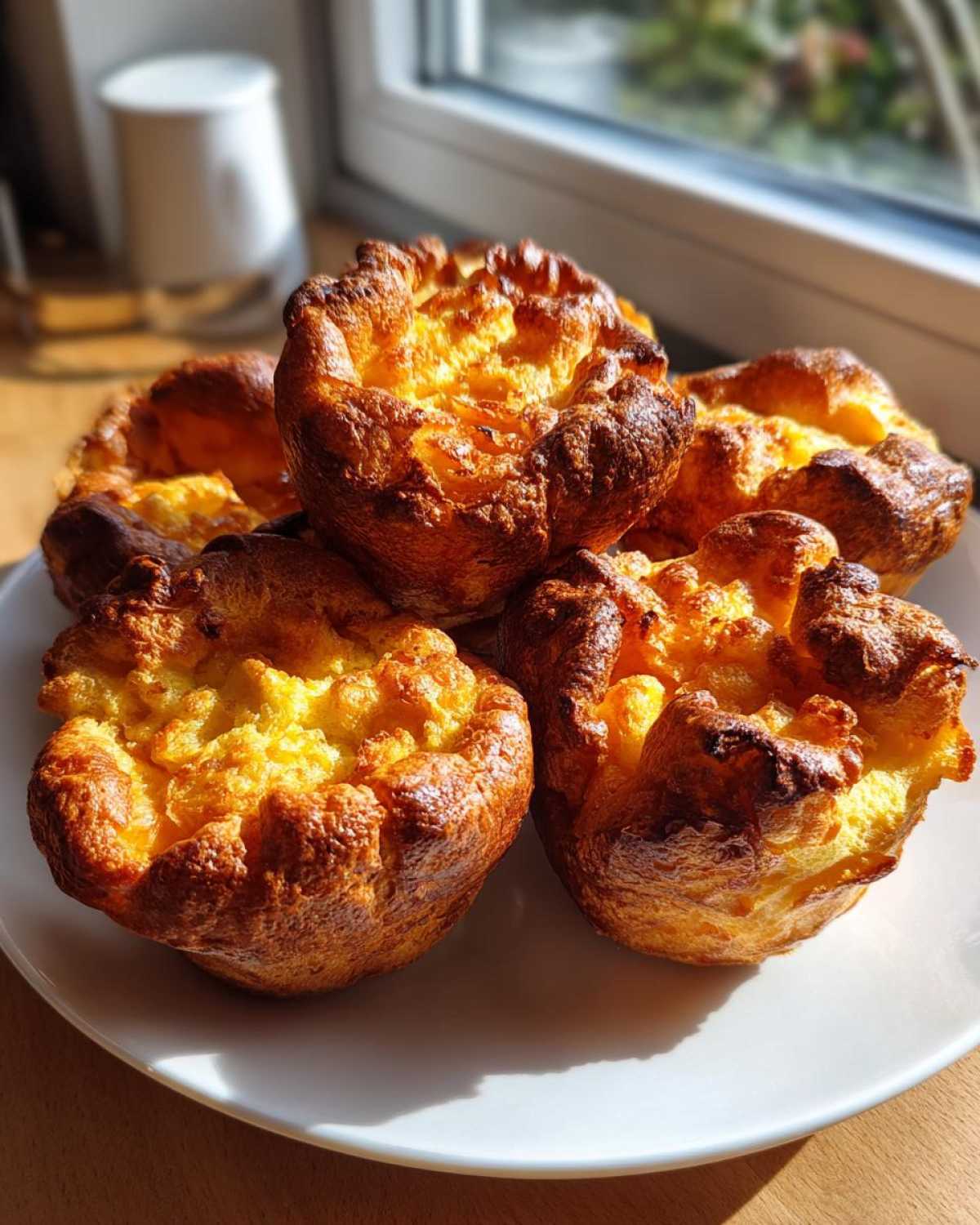A close-up of several golden brown, risen yorkshire pudding towers stacked on a white plate.