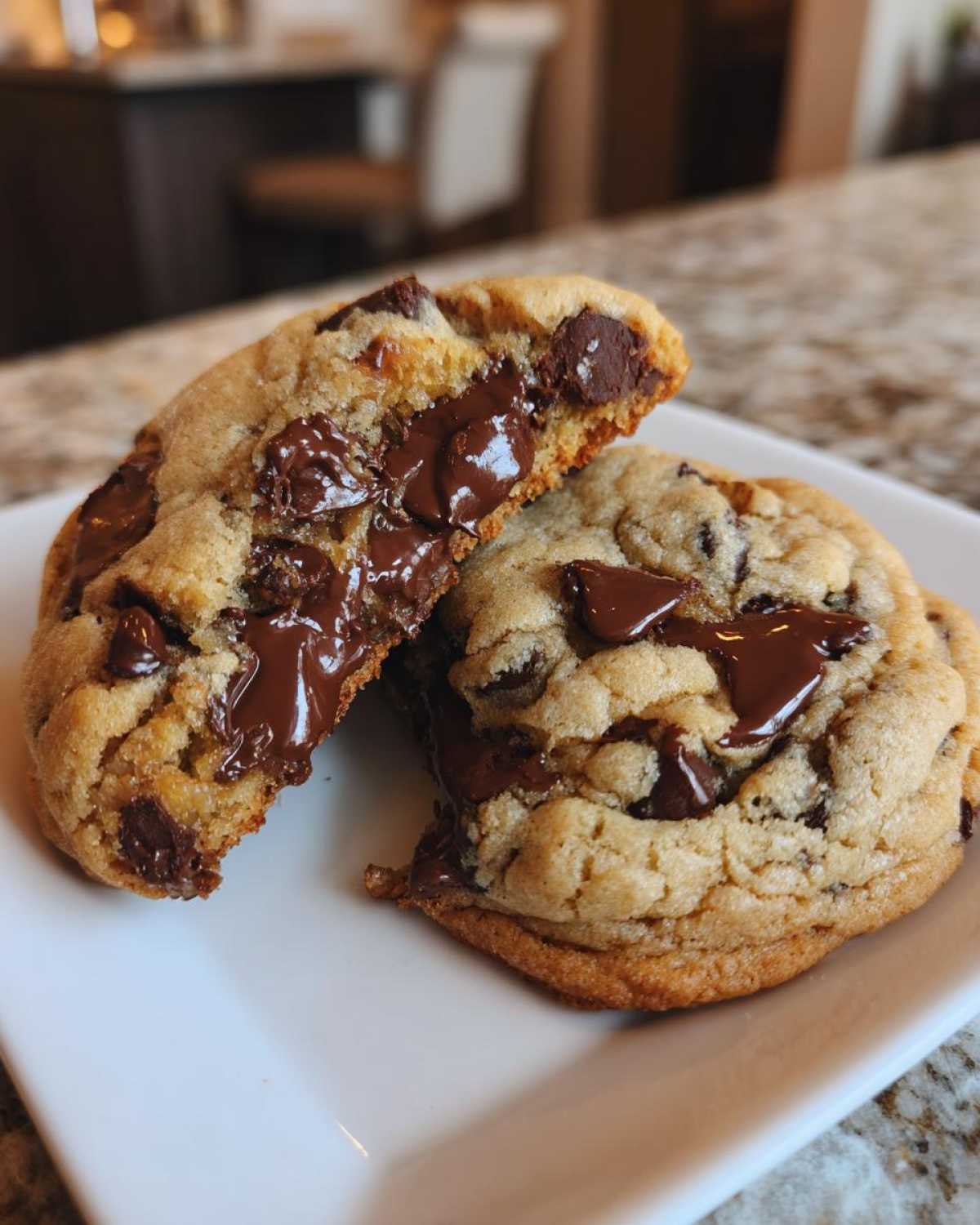 Close-up of a soft chocolate chip cookie broken in half showing gooey, melted chocolate chips inside.