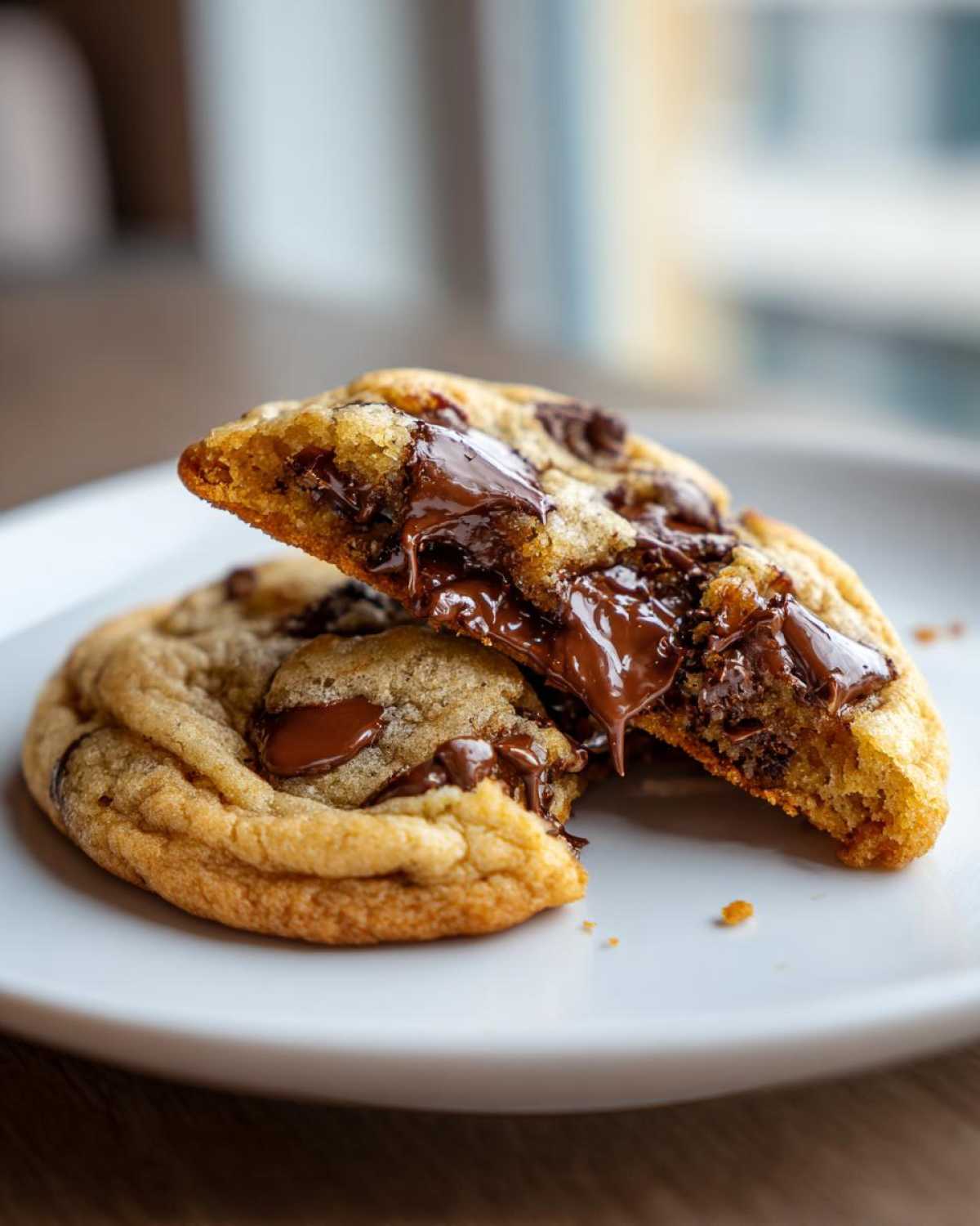 A soft, chewy chocolate chip cookie broken in half revealing melted, gooey chocolate chips inside.