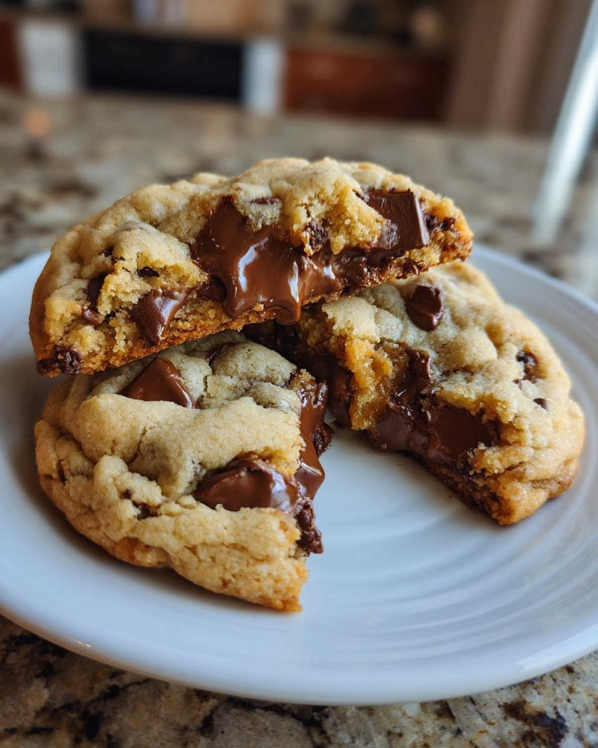Close-up of a soft chocolate chip cookie broken in half showing melted chocolate chips.