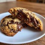 A warm chocolate chip cookie broken in half showing molten, gooey chocolate filling.