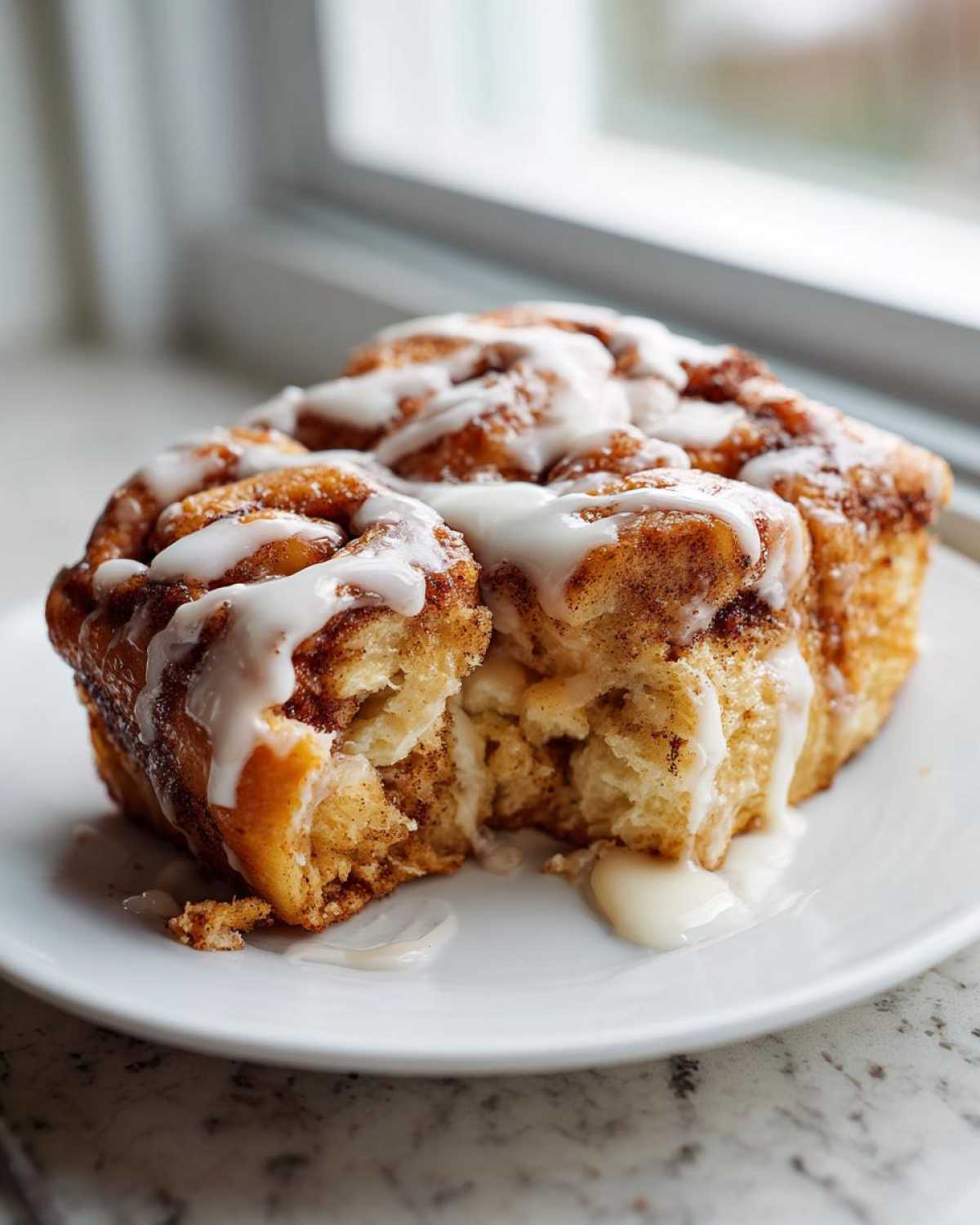 A close-up of a portion of warm Cinnamon roll casserole, drizzled heavily with white icing, served on a white plate.