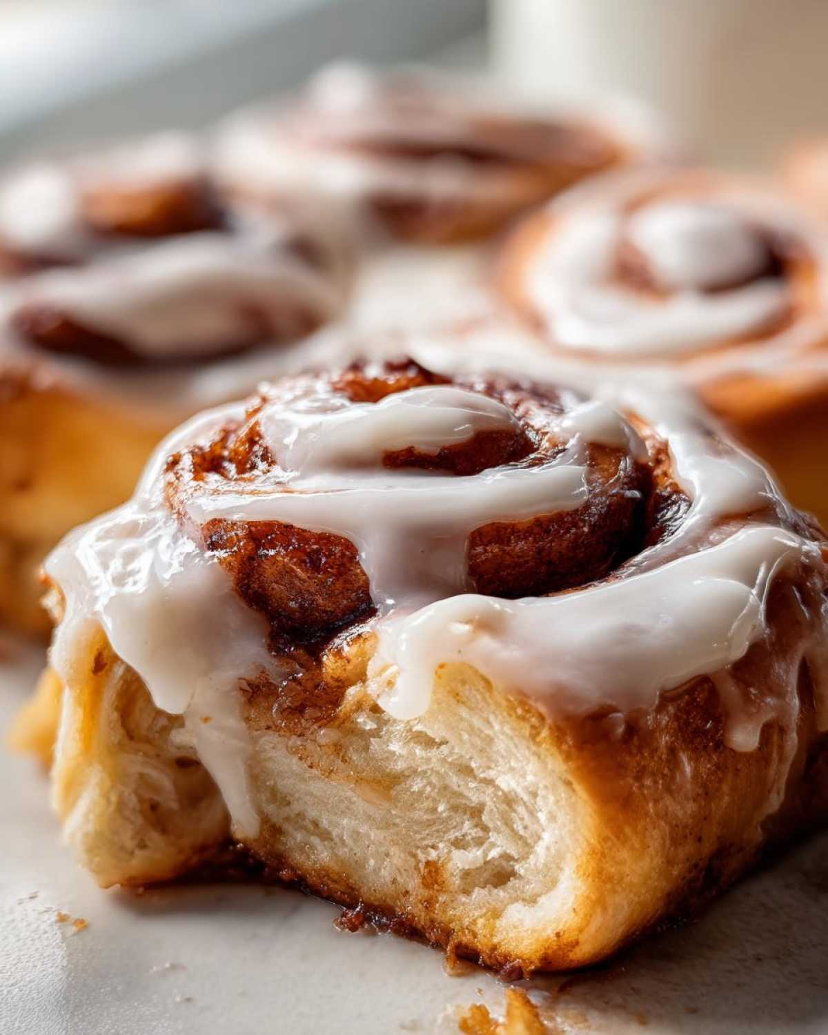 Close-up of a soft, freshly baked cinnamon roll with thick white icing, showing the fluffy interior texture.