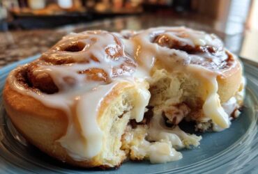 A close-up of a soft, fluffy cinnamon roll broken open, covered in thick white icing.
