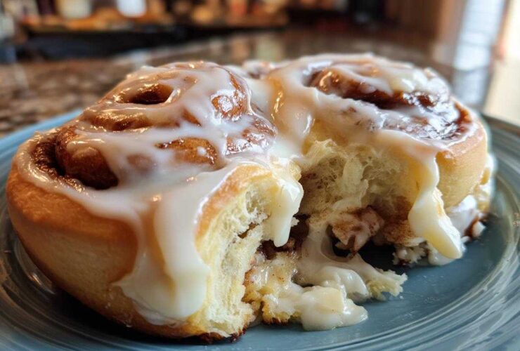 A close-up of a soft, fluffy cinnamon roll broken open, covered in thick white icing.