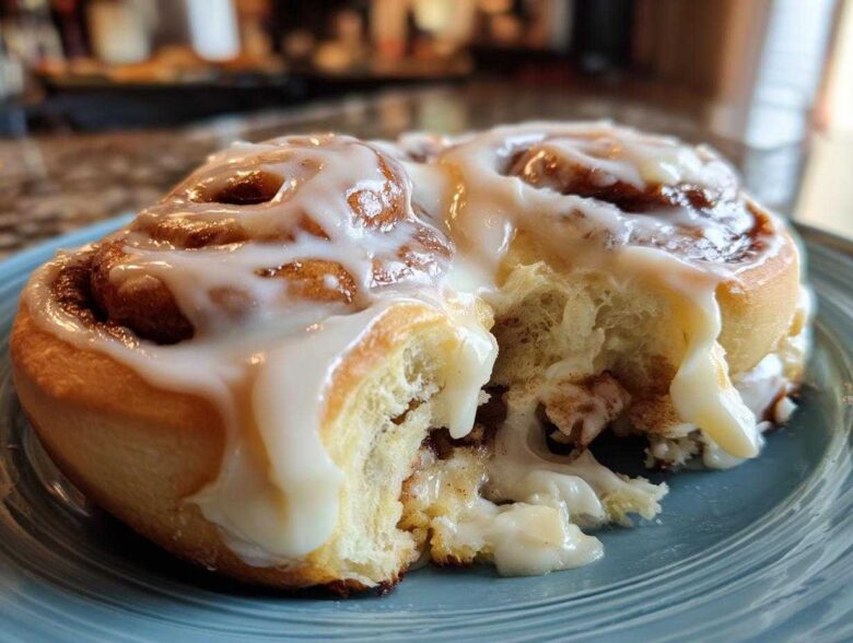 A close-up of a soft, fluffy cinnamon roll broken open, covered in thick white icing.