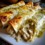 Close-up of delicious green chile chicken enchiladas topped with melted, slightly browned cheese.