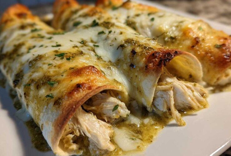 Close-up of three baked green chile chicken enchiladas covered in melted white cheese and green chile sauce.