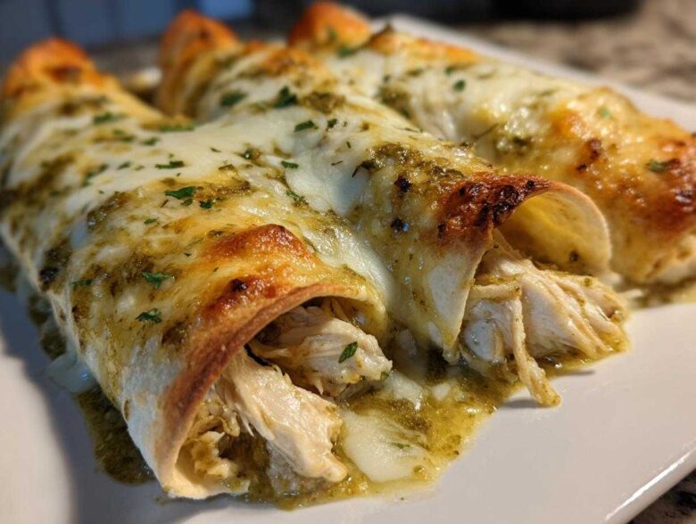 Close-up of three baked green chile chicken enchiladas covered in melted white cheese and green chile sauce.