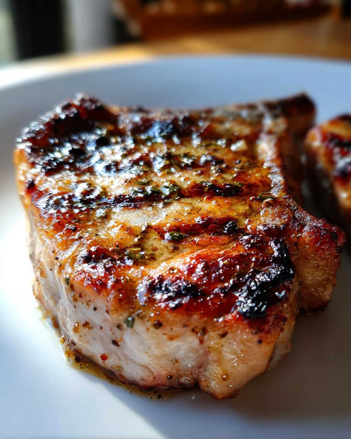 Close-up of a juicy, grilled pork chop showing char marks and herbs from the marinade for pork chops.