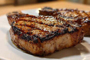 Close-up of a perfectly grilled, glazed pork chop showing char marks, made with the best marinade for pork chops.