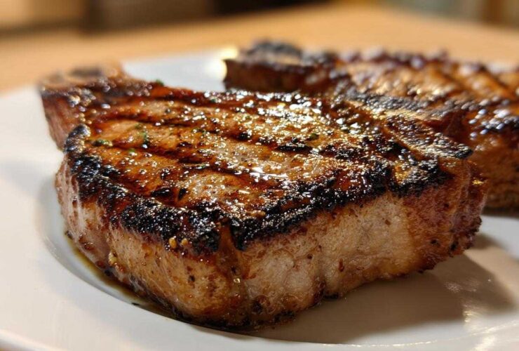 Close-up of a perfectly grilled, glazed pork chop showing char marks, made with the best marinade for pork chops.