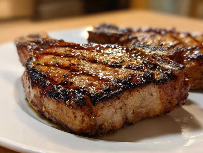 Close-up of a perfectly grilled, glazed pork chop showing char marks, made with the best marinade for pork chops.
