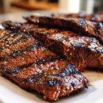 Close-up of perfectly grilled steak slices coated in a glossy Carne asada marinade, resting on a white platter.