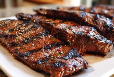 Close-up of perfectly grilled steak slices coated in a glossy Carne asada marinade, resting on a white platter.