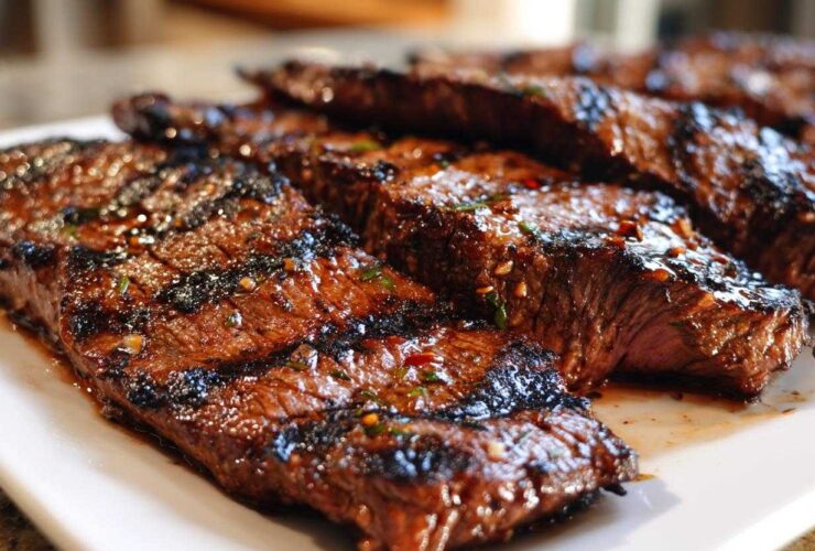 Close-up of perfectly grilled steak slices coated in a glossy Carne asada marinade, resting on a white platter.