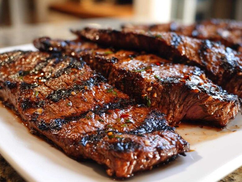 Close-up of perfectly grilled steak slices coated in a glossy Carne asada marinade, resting on a white platter.