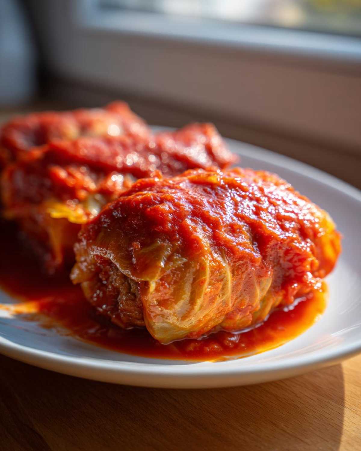 Two delicious cabbage rolls smothered in rich tomato sauce served on a white plate.