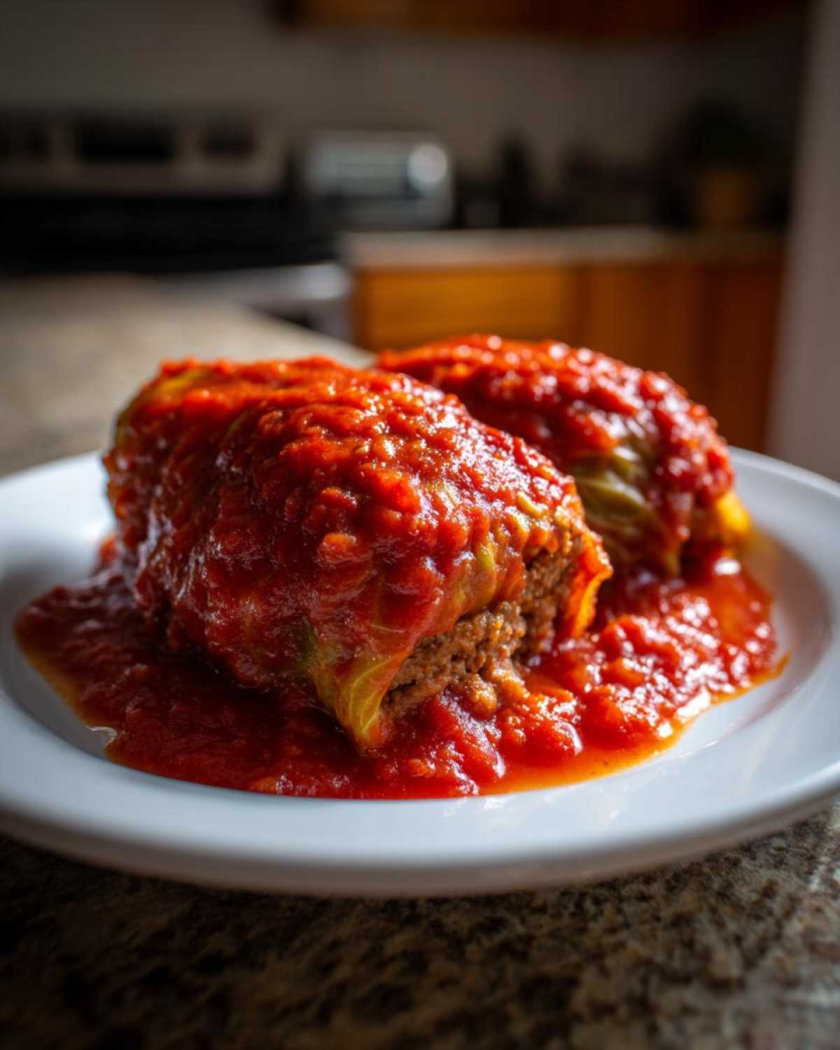 Close-up of two delicious cabbage rolls smothered in rich tomato sauce, served on a white plate.