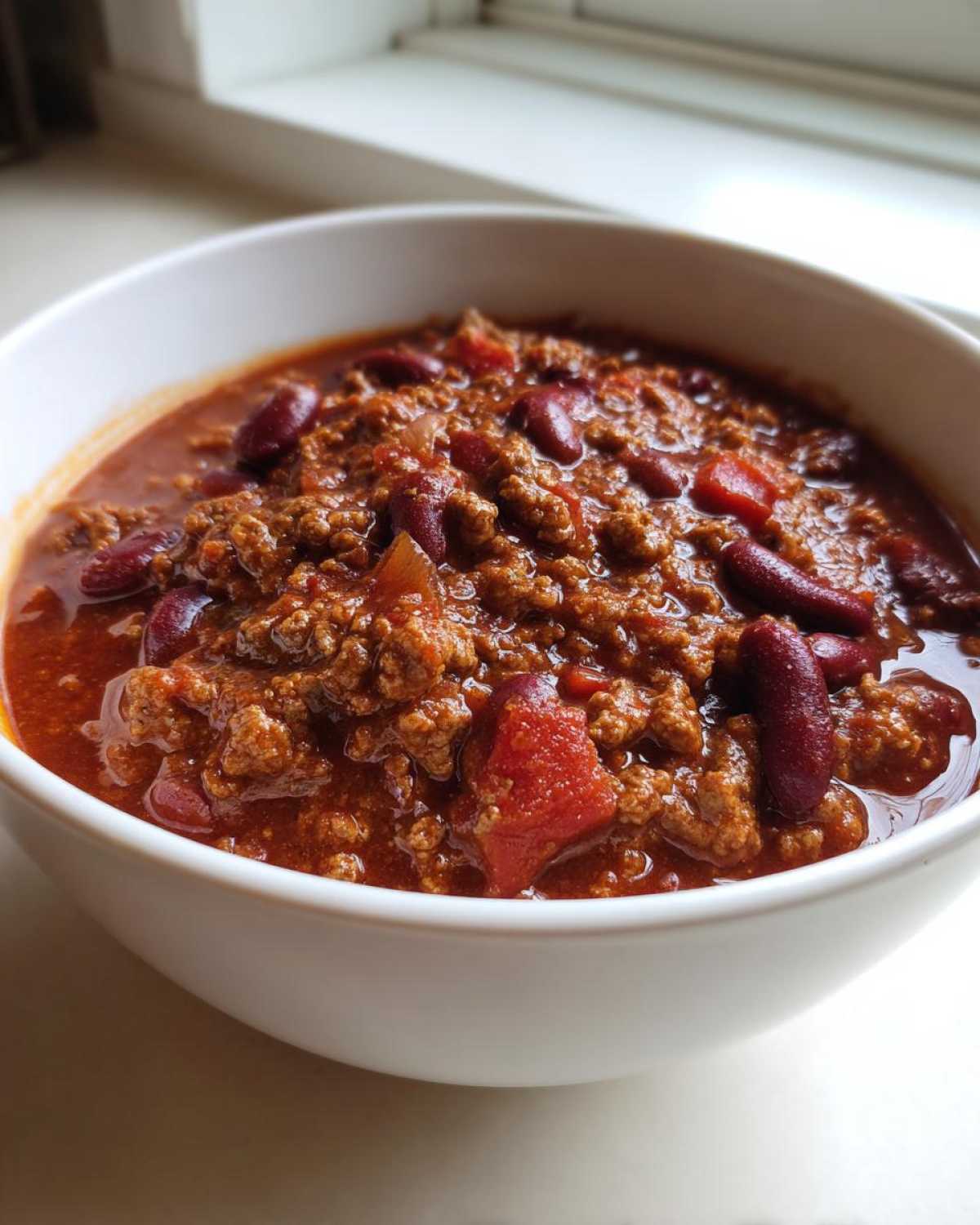 Close-up of a white bowl filled with rich, hearty crockpot chili featuring ground meat and kidney beans.