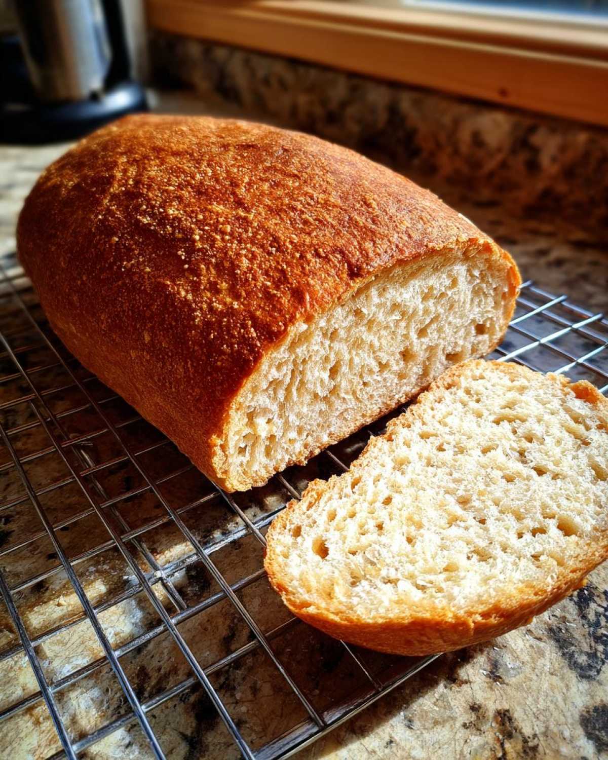 A loaf of homemade italian bread, partially sliced, resting on a cooling rack with a golden-brown crust.