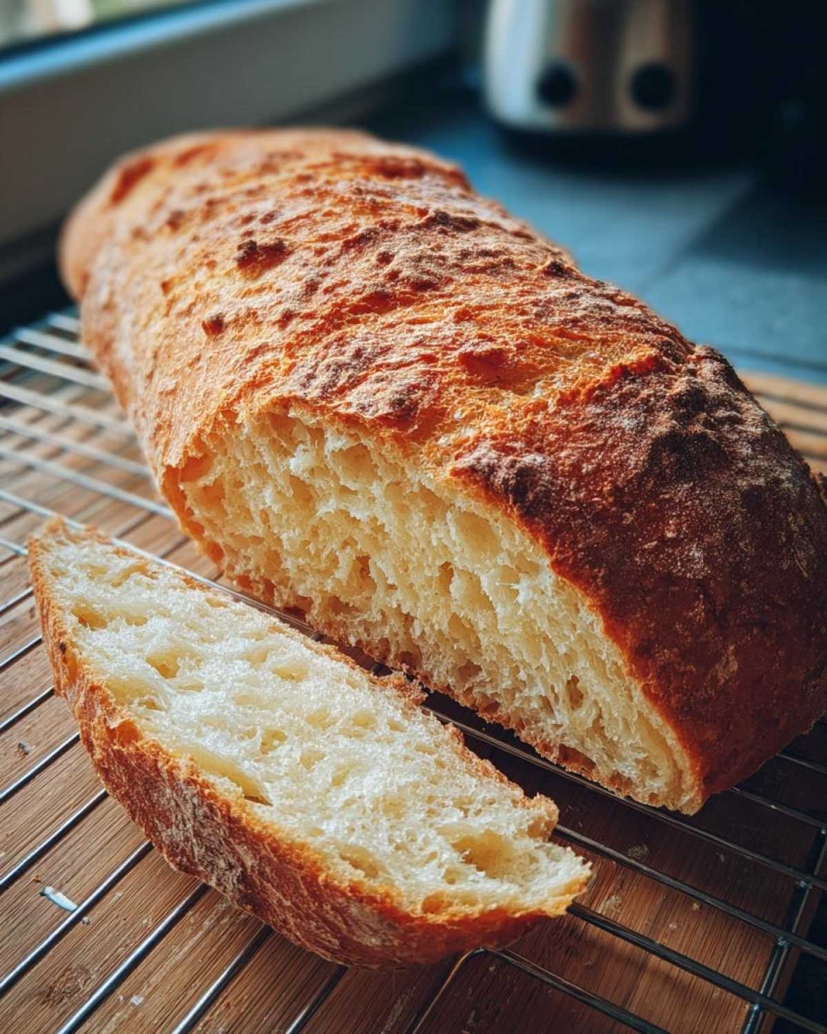 A close-up of freshly baked italian bread, showing a thick, golden crust and an open, airy crumb structure.