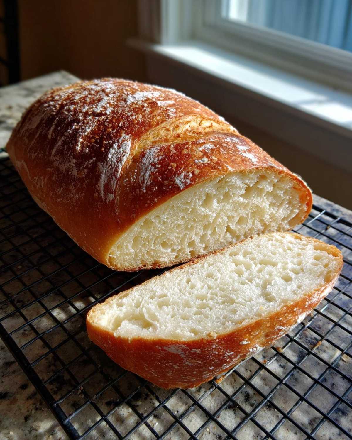 A loaf of freshly baked italian bread, sliced open to show the soft, airy crumb, resting on a cooling rack.