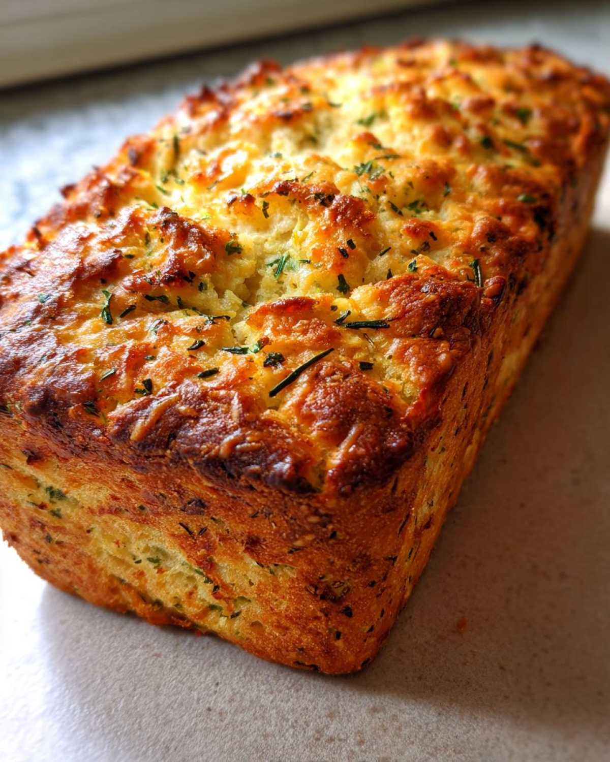 A close-up, angled view of a freshly baked Italian herb and cheese bread loaf with a golden-brown, cheesy crust.