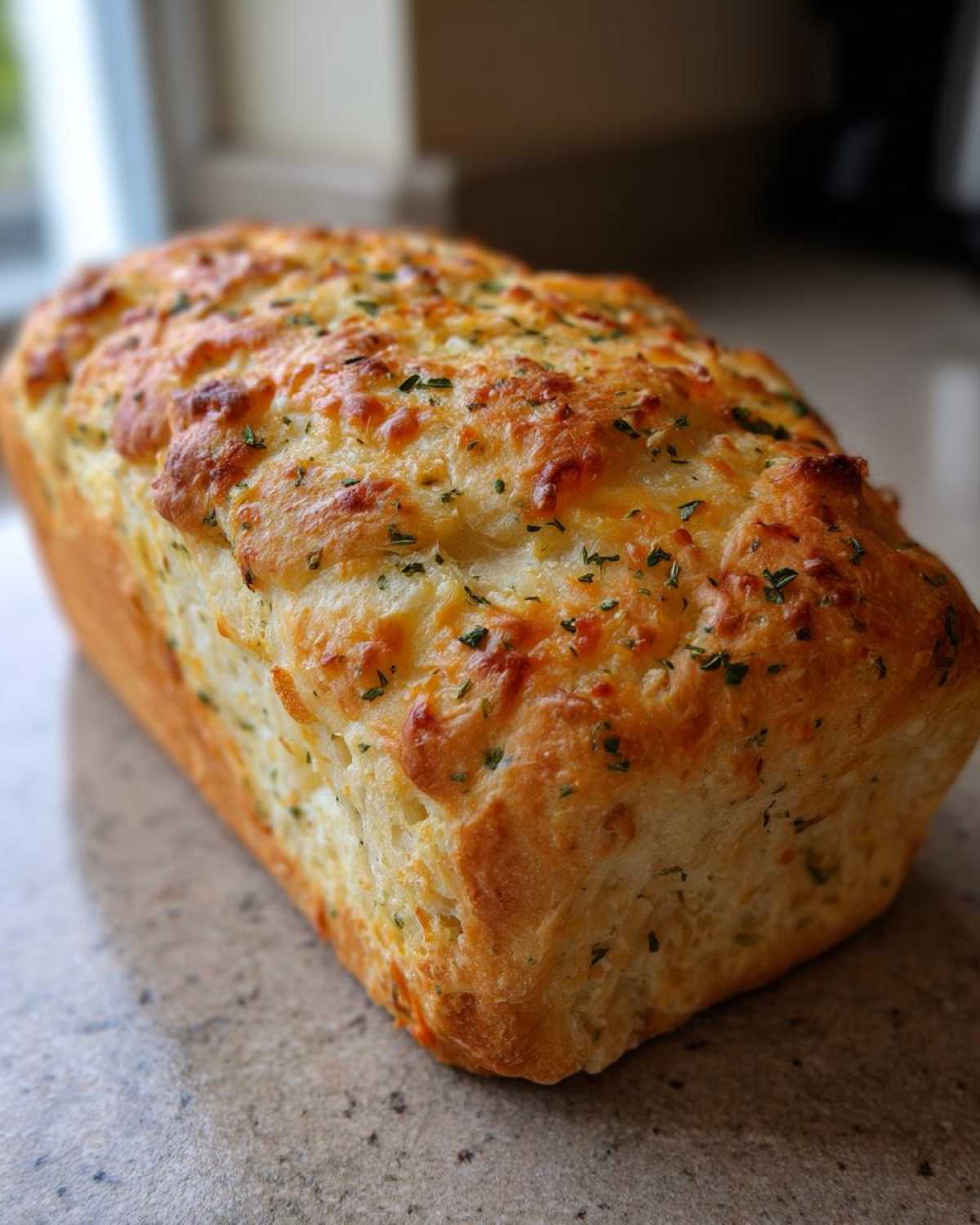 A golden-brown loaf of Italian herb and cheese bread with a melted, cheesy top sprinkled with green herbs.