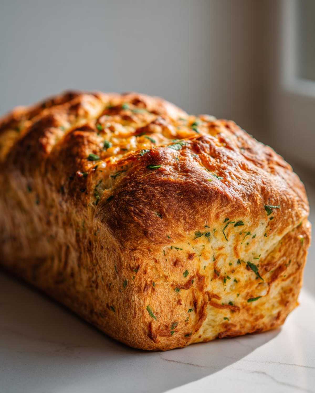 A freshly baked loaf of golden Italian herb and cheese bread with visible herbs and melted cheese on top.