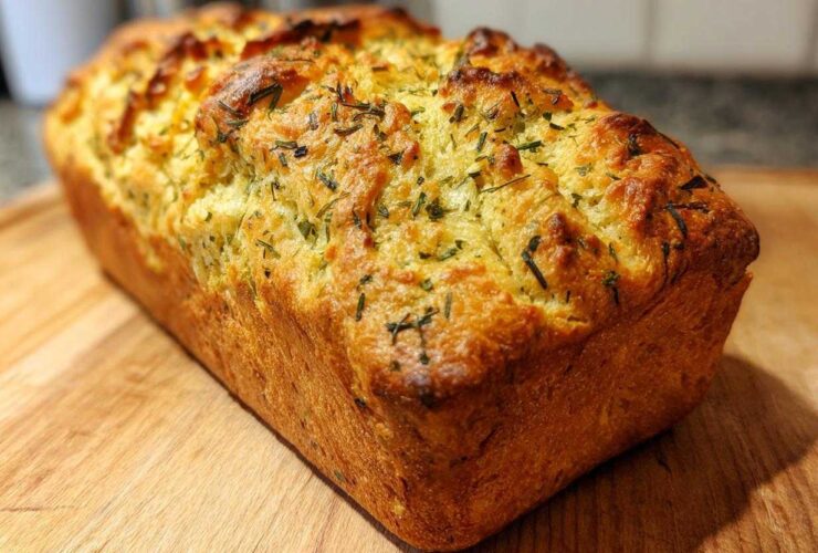 A freshly baked, golden brown loaf of Italian herb and cheese bread resting on a wooden cutting board.