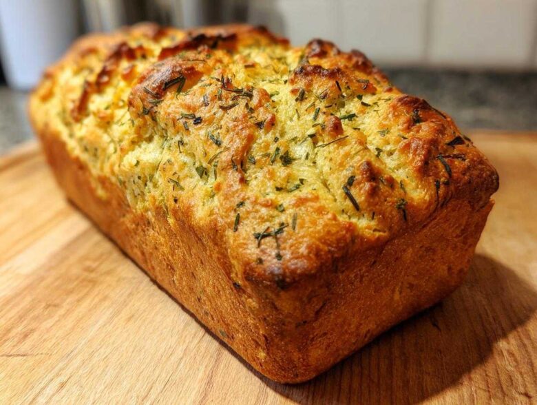 A freshly baked, golden brown loaf of Italian herb and cheese bread resting on a wooden cutting board.