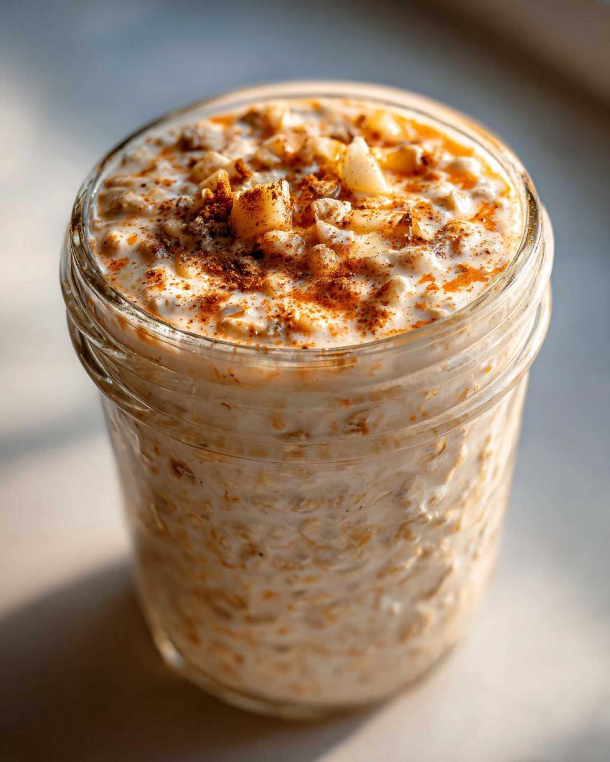 Close-up of apple cinnamon overnight oats in a glass jar, topped with diced apple and cinnamon.