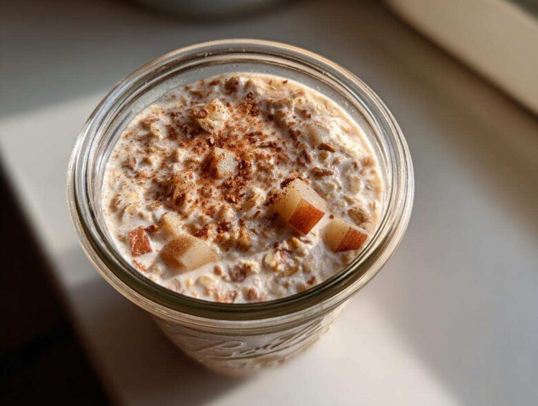 Overhead view of apple cinnamon overnight oats in a glass jar, topped with diced apples and cinnamon.