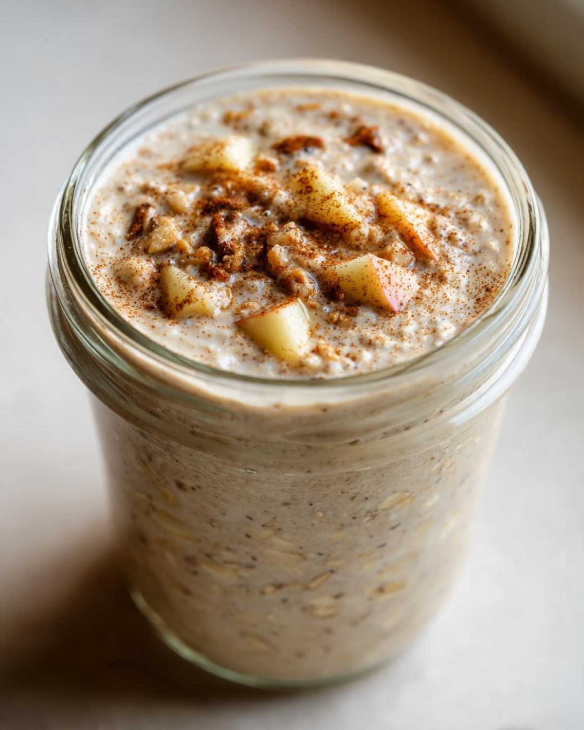 Close-up of apple cinnamon overnight oats in a glass jar, topped with diced apple pieces and cinnamon.