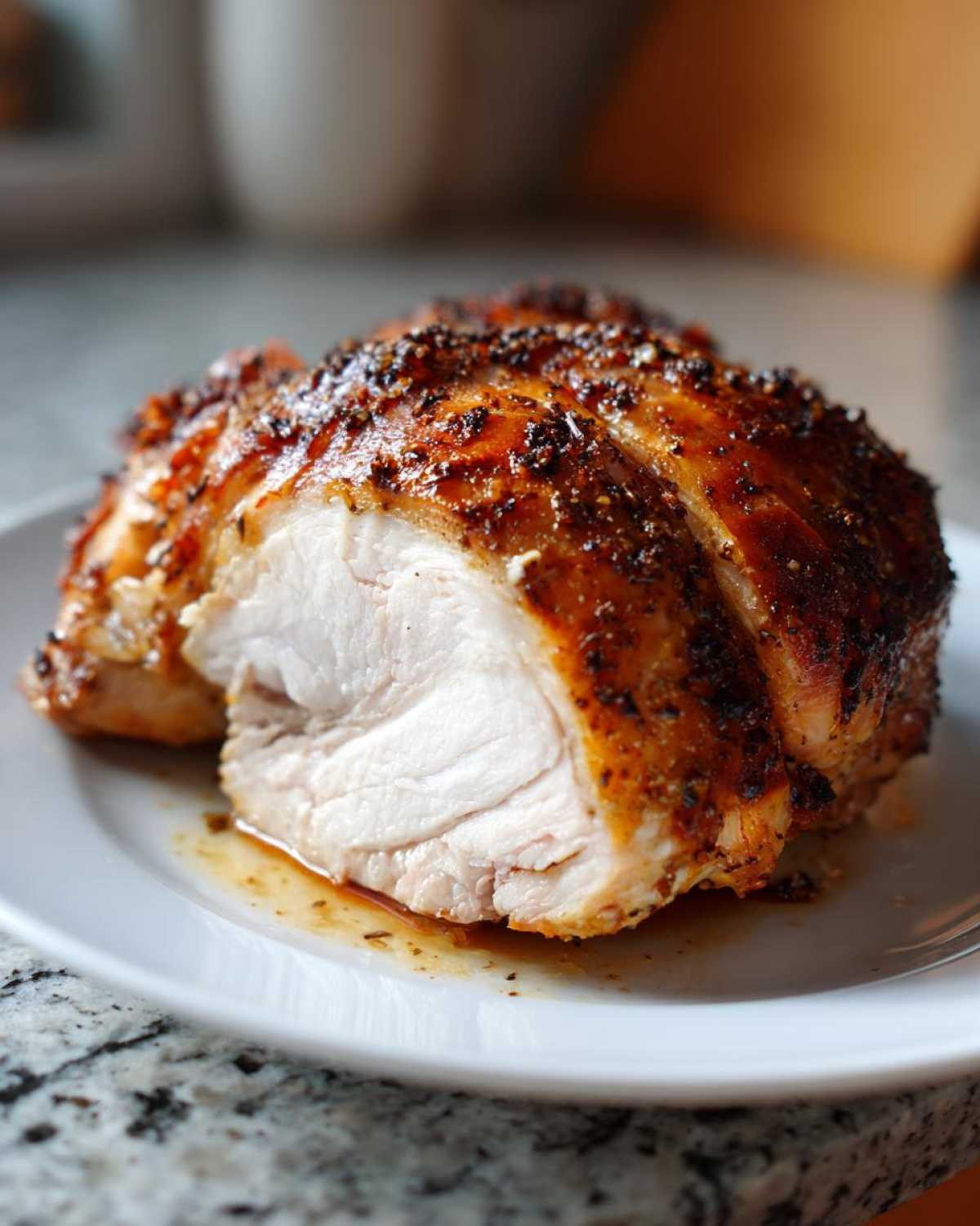 Close-up of a sliced, juicy air fryer whole chicken showing perfectly cooked white meat and seasoned, crispy skin.