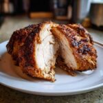 Close-up of a perfectly cooked air fryer whole chicken, sliced open to show juicy white meat and crispy skin.