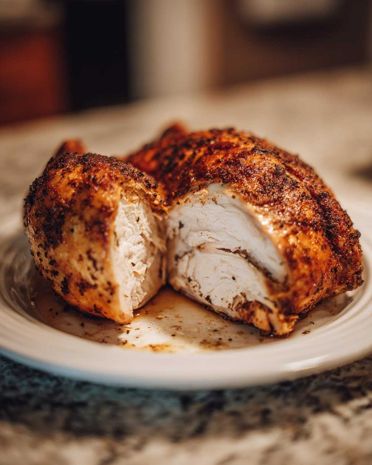 Close-up of a perfectly cooked air fryer whole chicken cut in half, showing moist white meat and crispy seasoned skin.