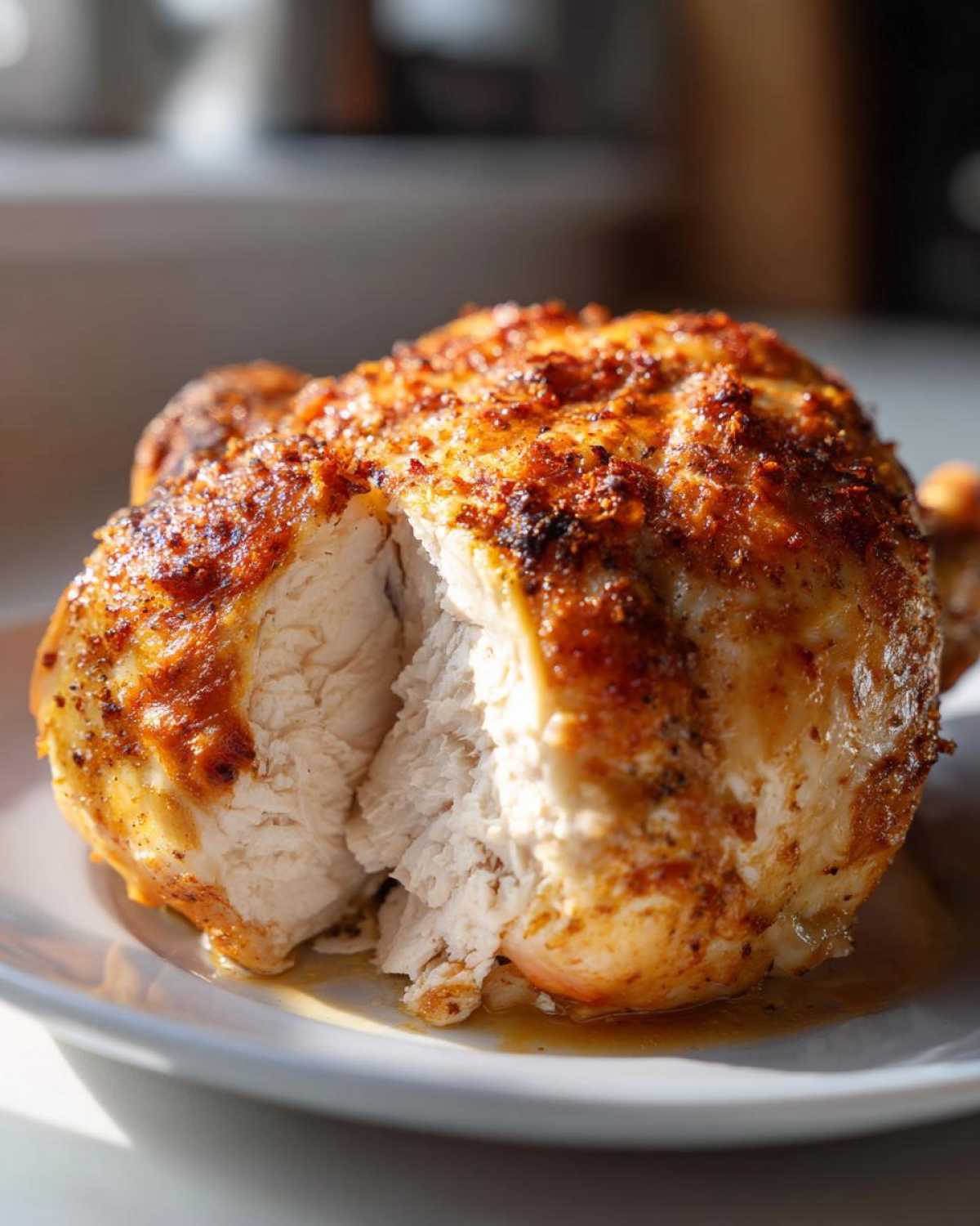 Close-up of a perfectly cooked air fryer whole chicken, showing moist white meat after being cut open.