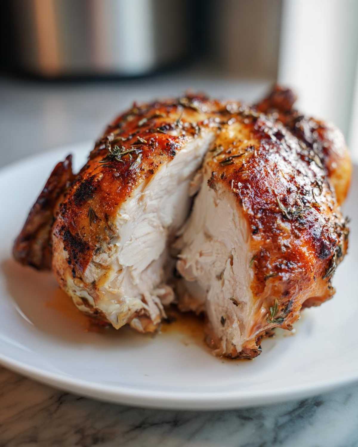 Close-up of a juicy air fryer whole chicken cut in half, showing moist white meat and crispy, herb-seasoned skin.