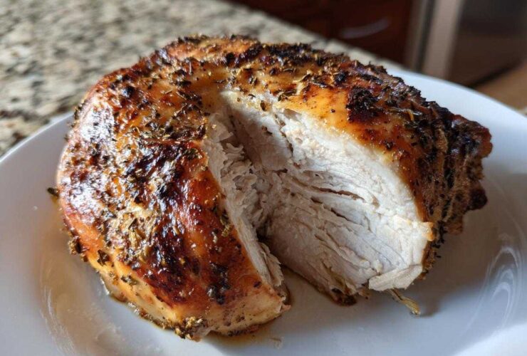 Close-up of a juicy air fryer whole chicken breast cut open, showing perfectly cooked white meat and seasoned, browned skin.