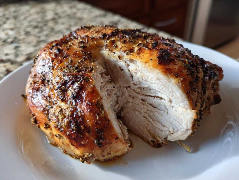 Close-up of a juicy air fryer whole chicken breast cut open, showing perfectly cooked white meat and seasoned, browned skin.